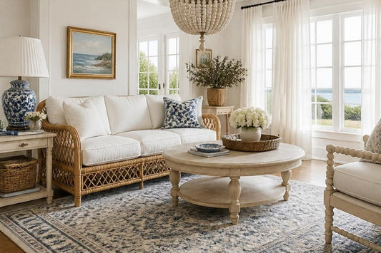 Coastal cottage living room with a rattan sofa with white cushions, French country coffee table, blue vintage rug, white linen sheers and wood-bead chandelier.