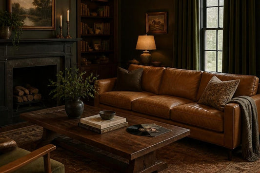 Moody living room with a camel leather sofa, walnut coffee table, brown vintage rug, olive velvet curtains and brass candle chandelier.