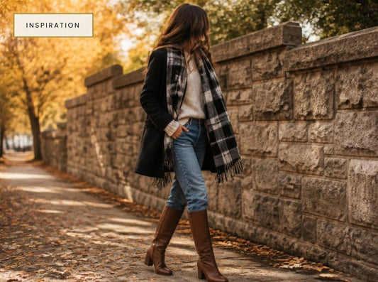 Woman walking past a stone wall on an autumn path wearing a black wool peacoat, black-and-white plaid blanket scarf, cream sweater, light boyfriend jeans and brown knee-high boots.