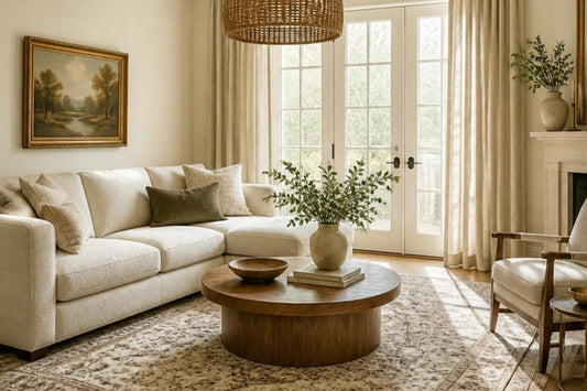 Warm neutral living room with a cream bouclé sofa, round walnut coffee table, beige vintage rug, oatmeal linen curtains and rattan chandelier.