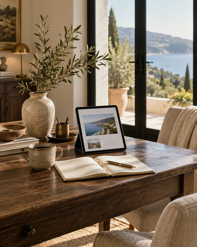 A sunlit writing desk with a notebook, coffee, olive branches and a coastal view.