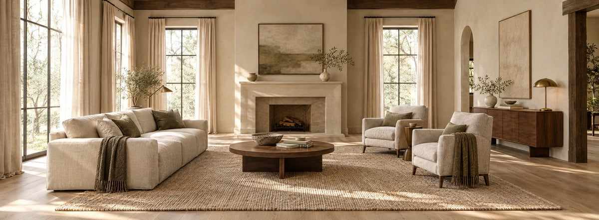 A complete warm neutral living room with sofa, chairs, fireplace and tall windows.