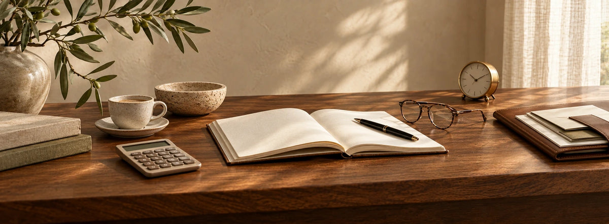 A walnut desk with notebook, calculator, coffee, books, clock and document folder.