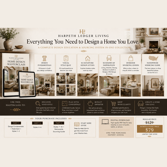 Home Design Masterclass cover — 150-page interior design course from Harpeth Ledger Living
